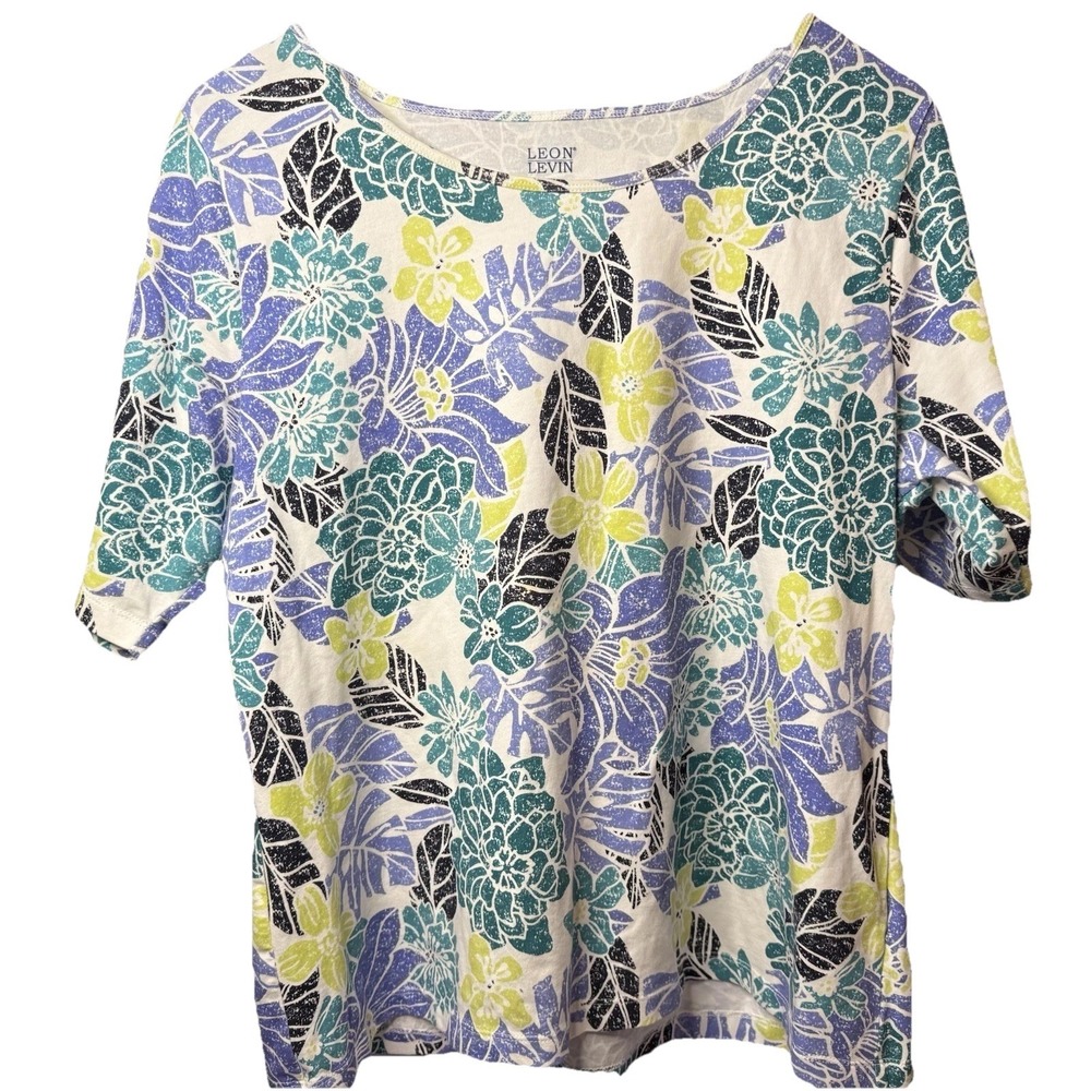 Leon Levin Women's‎ Size L Cotton Blend Floral T-Shirt Botanical Business Casual